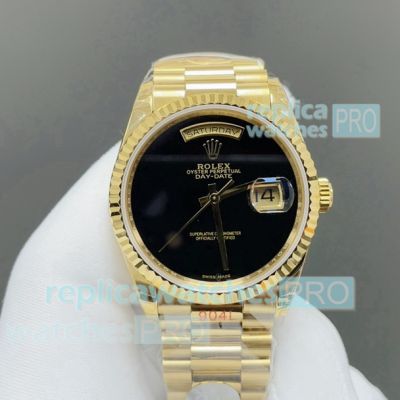 8+ Factory Swiss Clone Rolex Day-Date Gain Weight 36mm Black Face Gold Case Watch 